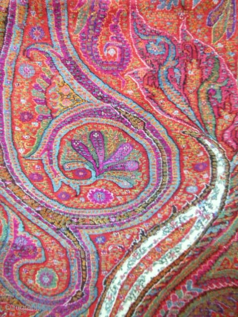 Indian twill kani weave Kashmir shawl 19c. Long indian cashmere shawl with nine colors for the Western fashion during the Second french Empire.Twill tapestry of an explosive flurry of bright and generous  ...