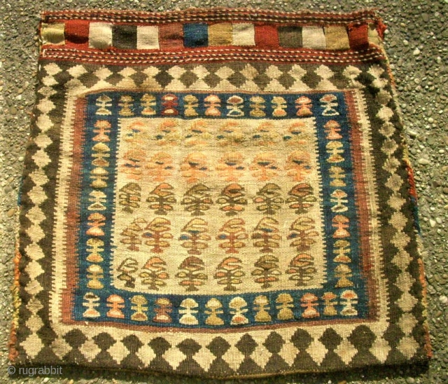 Interesting Shah Sawan bag. Size: 67 x 69 cm. Good condition. Kilim work.                    