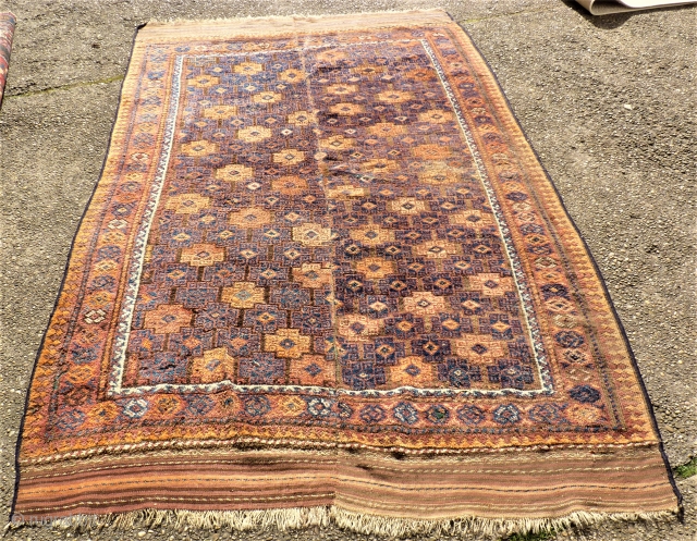 Very rare antique Main Baluch rug. Size:155 x 245 cm. Used condition. Small holes and little repair. Some lost wool. Some area with thin wool. Wonderful kilim ends.     