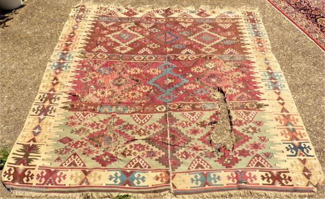 antique Kilim. Size: 163 x 166 cm. Damaged. Holes.                        