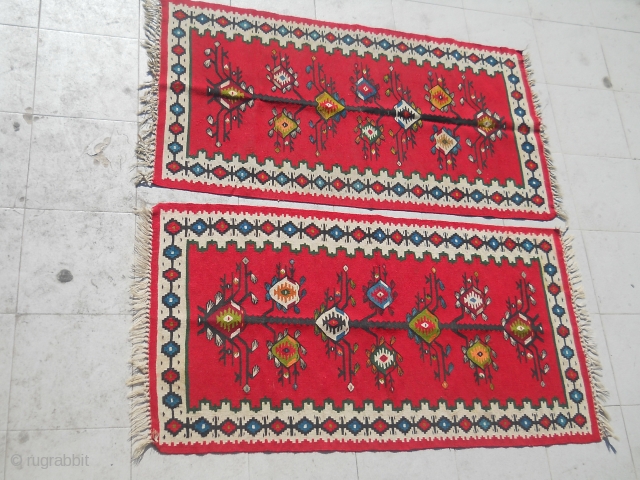 Two small Sarkoy Pirot kilims, patterned ĐULS on the direcs (a variant of the Tree of life)
Dimensions of 1.4 x 0.7 m.
About 90-100 years old, in excellent condition ...

    