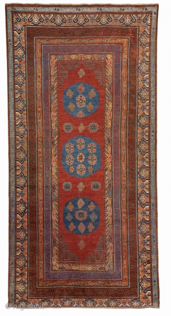 Khotan carpet, circa 1850, cm 370x179. Overall very good condition. Small scattered areas of repiling. Lot 573,  Sale: 1 December 2010 at 4pm – Palazzo del Melograno – Campetto, 2 –  ...