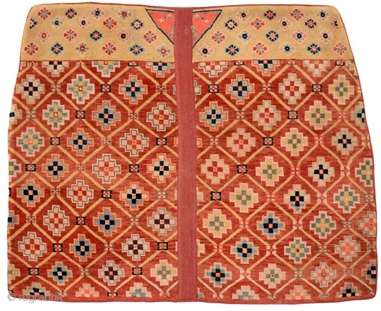 Magnificent Tibetan takheb carpet intended for use as a horse or yak cover / blanket, with a stunning, visually attractive, elaborate lattice-like design as the main field. The top horizontal panel is  ...