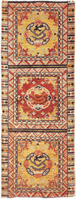 Three panels from what was once a much longer runner made in the Baotou-Suiyuan region of Inner Mongolia (China). The center squares feature a dragon frolicking in clouds, with the yellow squares  ...