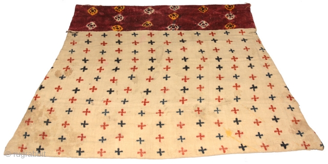 A finely woven trapezoid shaped Tibetan ‘takheb’ blanket made of tie-dyed woolen nambu cloth for use over a horse or yak. The front is made of four strips of very finely woven  ...