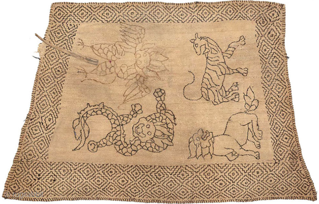 Flat woven Tibetan trapezoidal blanket of nomadic origin that was used to cover either a horse or yak, purportedly from the Kailash region of Tibet. It consists of five strips of a  ...