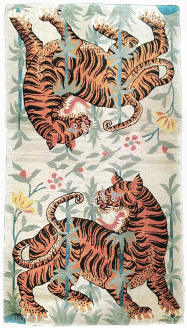 Khaden with the classic ‘tigers in bamboo’ design. Size is 160cm x 90cm (approximately 63in x 35in), has wool warp and weft with a mix of natural and synthetic dyes. Age undetermined, ...