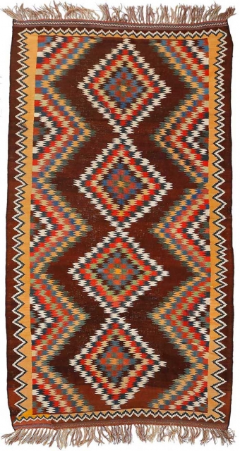 South Persian Tribal. Strikingly beautiful ‘eye-dazzler’ kilim from the early 1900's. Very finely woven and saturated with lovely abrashed rich natural dyes. There is an old restoration / repair to one corner  ...
