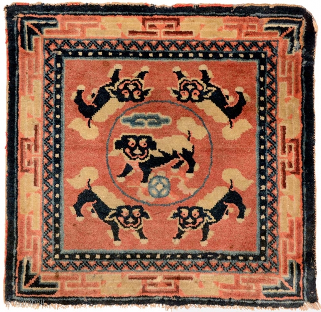 Small Lion-Dog carpet / seating square from the Baotou-Suiyuan region of China, that may have originally been part of a long runner, and from the latter 2nd half of the 1800's. Five  ...