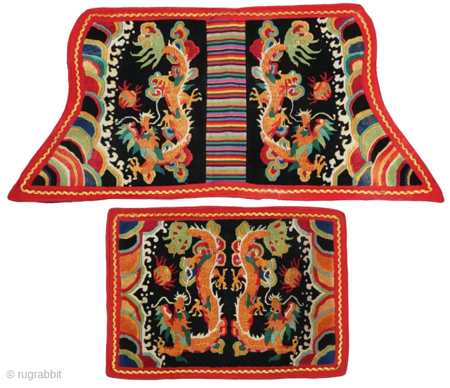 An uncommon, vintage, saddle carpet set (i.e. both under-saddle and over-saddle carpet; a makden and a masho) from Bhutan - but possibly made in Tibet, or by a Tibetan* - featuring double  ...