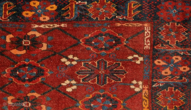 Striking ‘Beshir’ / Middle Amu Darya Turkman juval with the mina khani design, complete and intact with the plain woven wool backing with a design across the top. Size is fairly large  ...