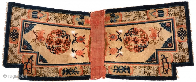 Beautiful late 19th century inner Mongolian (i.e. the Baotou - Suiyuan region) 'wasp-wasted' under-saddle carpet with all natural dyes in original ‘as found’ condition. ('Wasp-wasted' is a term used to denote a  ...