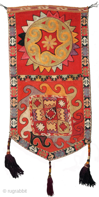 Striking Lakai embroidered ‘shield bag’ (kap ilgich). These shield shaped hangings were generally made by the Uzbek-speaking Lakai tribe as dowry gifts and were meant to hang inside a yurt or other  ...