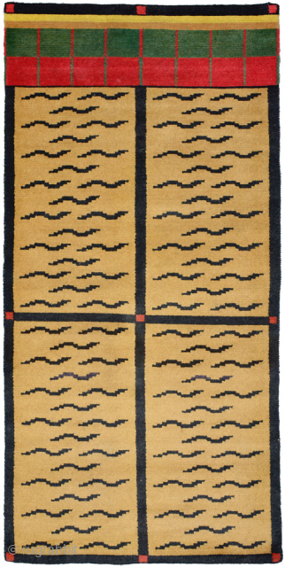 Tiger striped Tibetan 'goyo' or door rug (well, actually, a door ‘curtain’). These pile woven goyo’s with the crossed / quadrant design, and the coloured ‘bars’ across the top, mimic the more  ...
