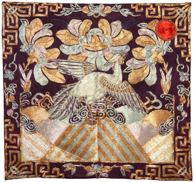 Elegant and strikingly beautiful Chinese Civil Rank Buzi (pu zi) or ‘insignia badge’ (often referred to as ‘Mandarin Squares’); this example hand woven using couching, or the ‘couched-stitch method’, a specific technique  ...