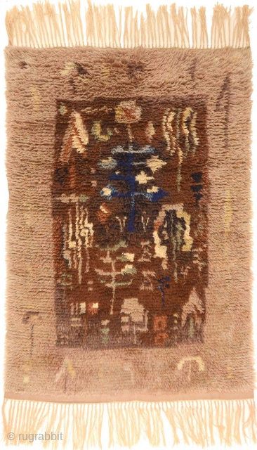 Finnish ryijy (or in Swedish 'rya') rug with totemic designs in the border and central rectangle and silk highlights in the white ‘splashes’ (see lower row center photo). Ryijy's / rya's are  ...