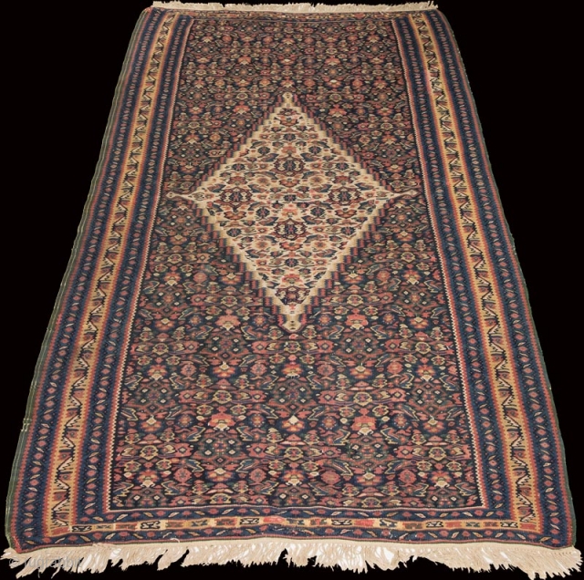 Beautiful super-fine hand-woven blue ground Persian Senneh kilim with the classic ‘Herati’ pattern made in what is now known as Iranian Kurdistan. Slit tapestry technique, hand spun wool with a very tight  ...