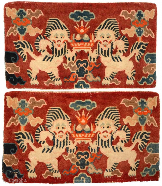 Rare matched pair of Tibetan gabney (or cushions) in original condition as they came out of Tibet circa 1972. (The inner padding under the ribbed blue backing cloth – which was various  ...