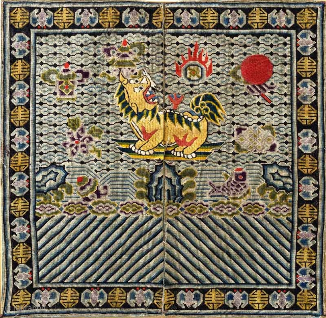 Rare Chinese MILITARY RANK buzi (pu zi) or ‘insignia badge / Mandarin Square’ - the bear portrayed denoting a military rank of the 5th Level - hand woven on gauze (which suggests  ...