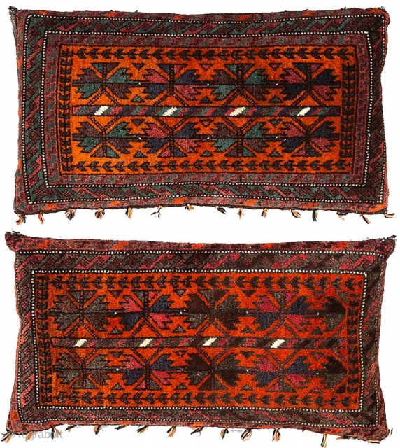 Set of two Baluch balishts, or cushions from, Afghanistan. The previous owner had them stuffed as to look like pillows with rough foam pieces, which has since been removed, so they now  ...