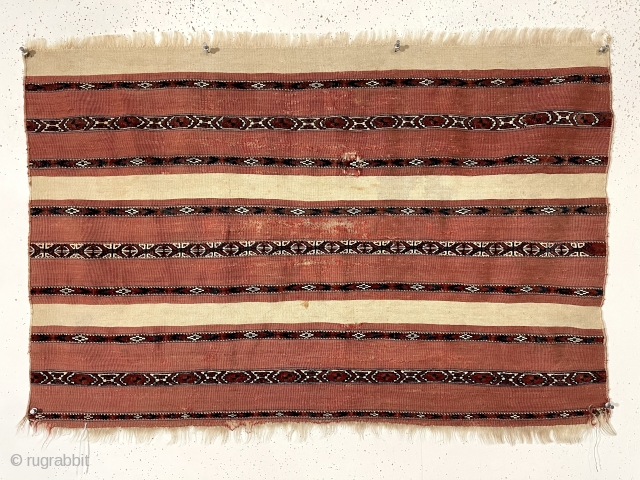 Antique turkman mixed technique ak chuval with good natural colors and very fine weave. Overall fair condition for the age with some wear, small patched spot of damage, couple small stains. Sides  ...