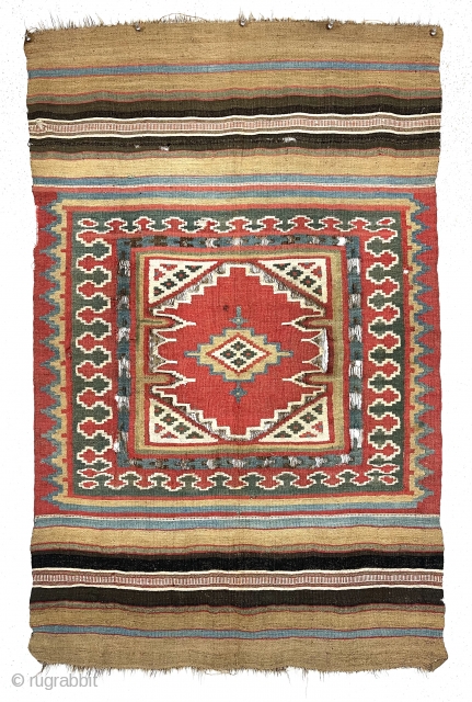 Antique small kelim fresh out of a New England home. Appears to be a Persian Shustar or bahktiari weaving. Lovely all natural colors including a rich tomato red, pretty yellow, deep green  ...