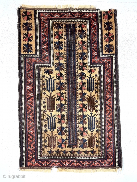 Antique camel ground Baluch prayer with an uncommon totemic tree design, good pile and good old colors including rich blues. Interesting dramatic secondary motifs. Overall mostly good pile and tight weave, some  ...