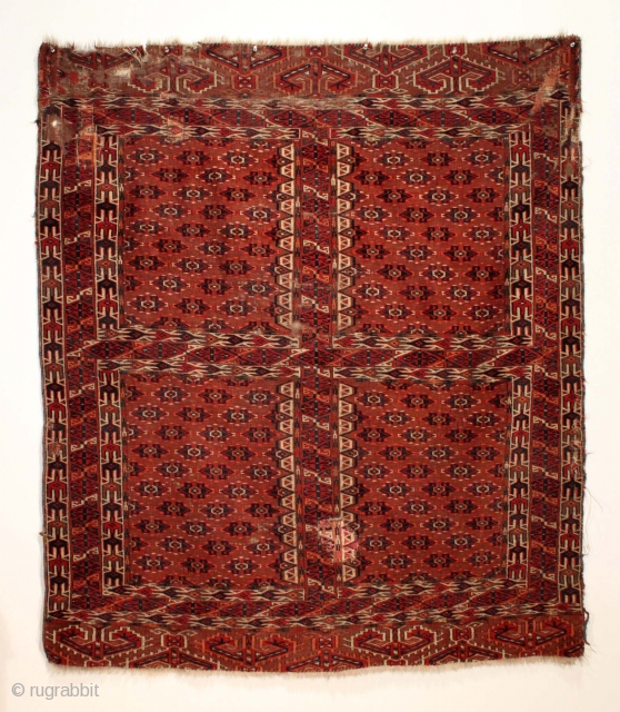 Antique Yomud ensi. All good natural colors, unusually vibrant. Low pile with much damage as shown. Reasonably clean. ca. 1880 or earlier. 4'9" x 5'6"        