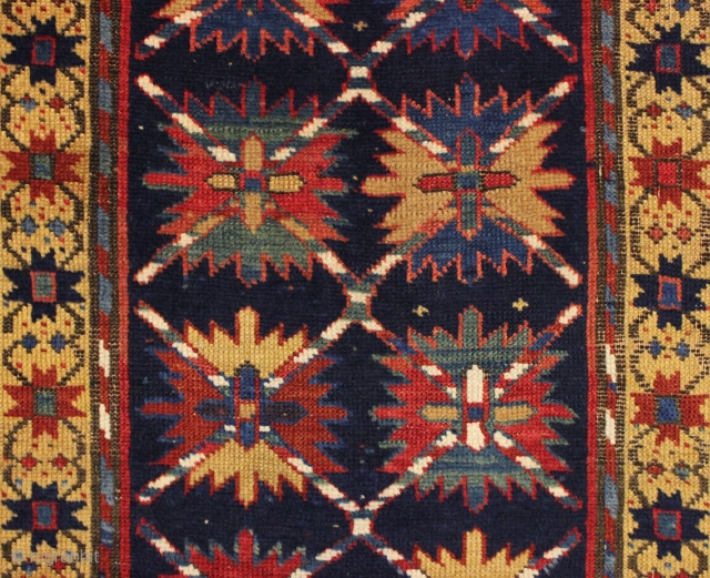 antique kazak or gendge rug with an interesting design and superb natural colors. Very high qualty weaving with beautiful wool. Deep blue ground. Washed but unrestored with mostly good pile, slight scattered  ...