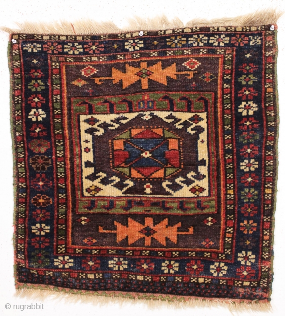 antique kurdish bagface. Good design. Good pile. All good colors, and yes I believe the orange is fine. 19th c. 25" x 25"          