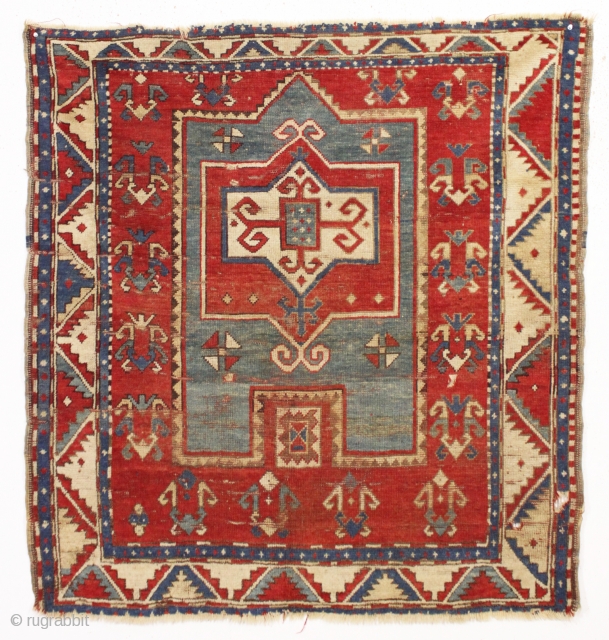 antique small kazak prayer rug. Nicely drawn older example with all natural colors. "As found", with scattered wear and end unraveling as shown. Original selvages. Good age, ca. 1875 or earlier. 3'10"  ...