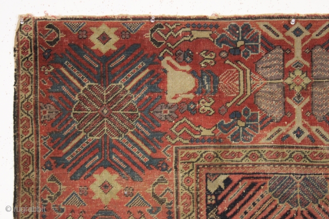 Early persian ferahan rug with an unusual and exceptional border. As found, very very very dirty and with overall low pile as shown. You can see one small old patch in close  ...