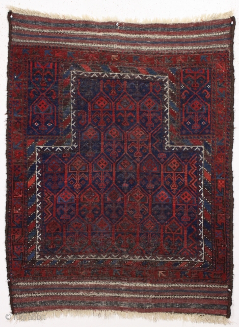 antique baluch prayer rug. Unusual design. all natural colors with nice light blues. no repairs. Nice long kelim ends. small squarish size. 19th c. 3'3" x 4'3"      