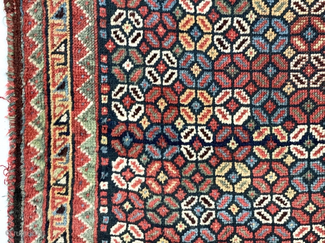 Antique south Persian rug, probably qashqai, with an uncommon design and very good condition for an older weaving. Very pretty range of good natural colors including rich greens and a deep blue  ...