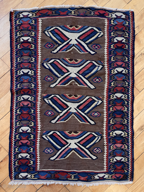 Rare small bidjar kelim. Eye catching design with an inspired border. Overall good condition with good natural colors. Natural brown wool ground. Cotton warps. I see a few small dime sized nibbles.  ...