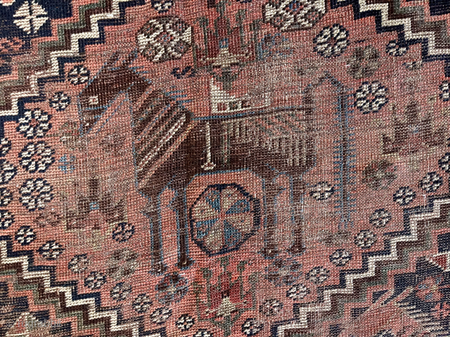 Unique South Persian carpet.
Worn.
5’8” x 12’