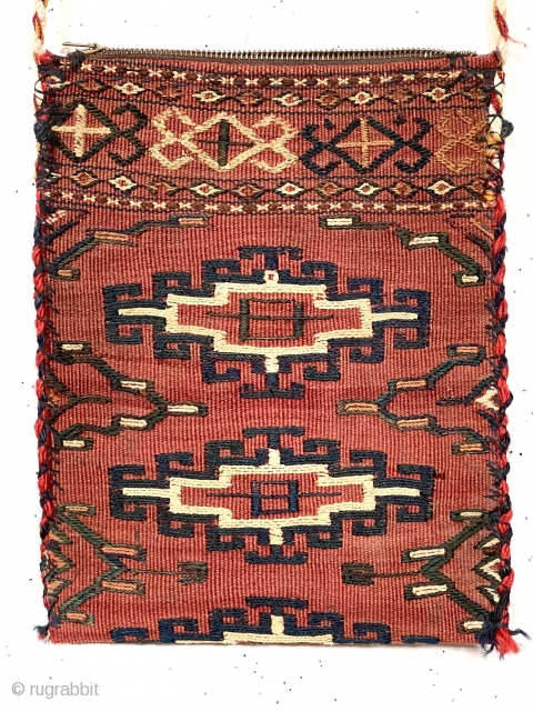 Little bag, possibly original or possibly made from an old turkman textile. Textile looks to have all good natural colors, later edge binding not so. Zipper unlikely antique. As found, could use  ...