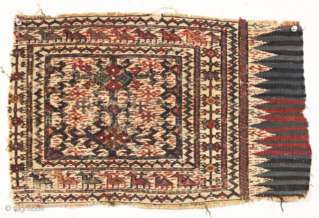 Old little bag fragment with rows of animals, likely bakhtiari. All natural colors. Charming little weaving. 19th c. 13" x 21"            