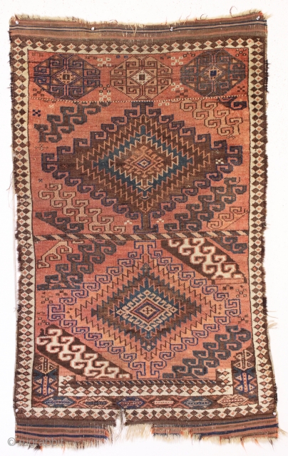 old and very unusual baluch rug with a sampler like design. As found, dirty with some wear and edge roughness as shown. Turkish knotted. Soft natural colors. I have never encountered such  ...