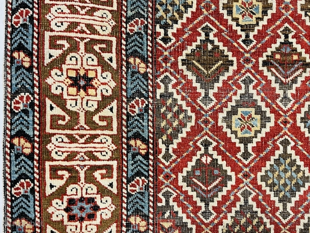 Antique example of an eastern Caucasian type with overall lattice design. Generally referred to as kuba rugs, with depressed weave, this one has light colored selvages usually associated with shirvan rugs not  ...