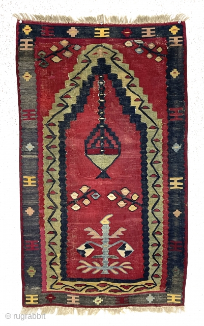 Antique diminutive balkan/pirot prayer kelim. Interesting and attractive weaving in fair condition for this thin fragile type. Elegant floral motifs in field and borders. Scattered slight abrasions and a tiny break here  ...