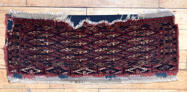 Early little turkman weaving with uncommon design. Even low tight pile. Looks like symmetrical knots open right. Remnant original end flat weave. Several small cloth pieces backing edges where damaged. 3rd qtr.  ...