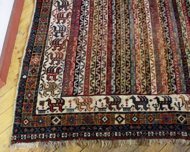 Antique South Persian rug. Large size. Low pile. All natural colors. No repairs. "as found". Could use a wash. Late 19th c. rug. 5' 3" x 9' 5"  
   