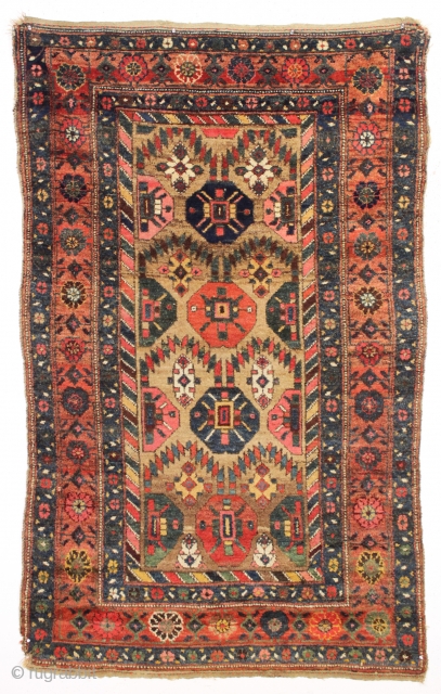 antique camel ground northwest persian kurdish rug with nice thick high pile. Unusual and interesting design. As found, reasonably clean with no repairs. Colorful. Lovely and usable antique rug. ca. 1890. 4'3"  ...