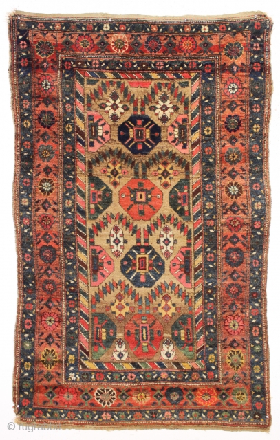 antique camel ground northwest persian kurdish rug with nice thick high pile. Unusual and interesting design. As found, reasonably clean with no repairs. Colorful. Lovely and usable antique rug. ca. 1890. 4'3"  ...