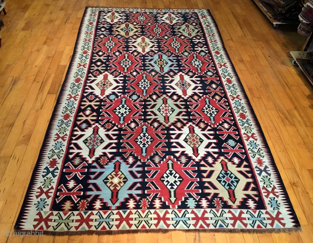 Antique large Caucasian kuba kelim. Older example with all natural colors in exceptional condition. Lovely light blues, greens and yellows. Extremely fine weave with supple, cloth like handle. Fresh New England find.  ...