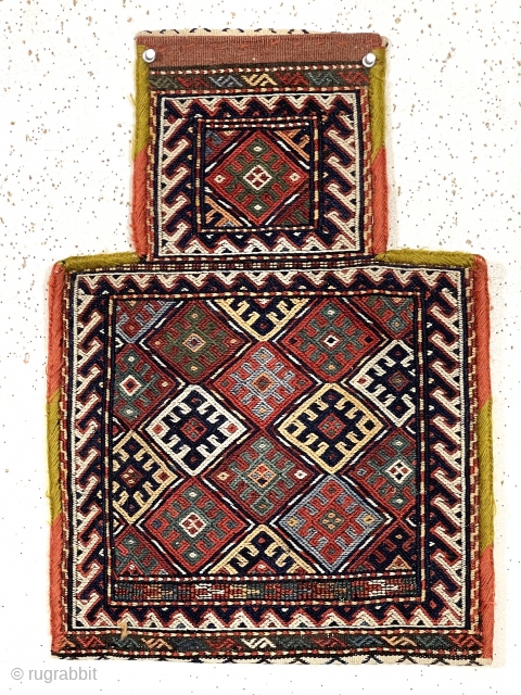 Antique small flat woven salt bag in excellent condition. Shahsavan or Kurdish? Colorful diamond design field and reciprocating border. Lovely decorated back. Great little tribal piece in near original condition. Late 19th  ...