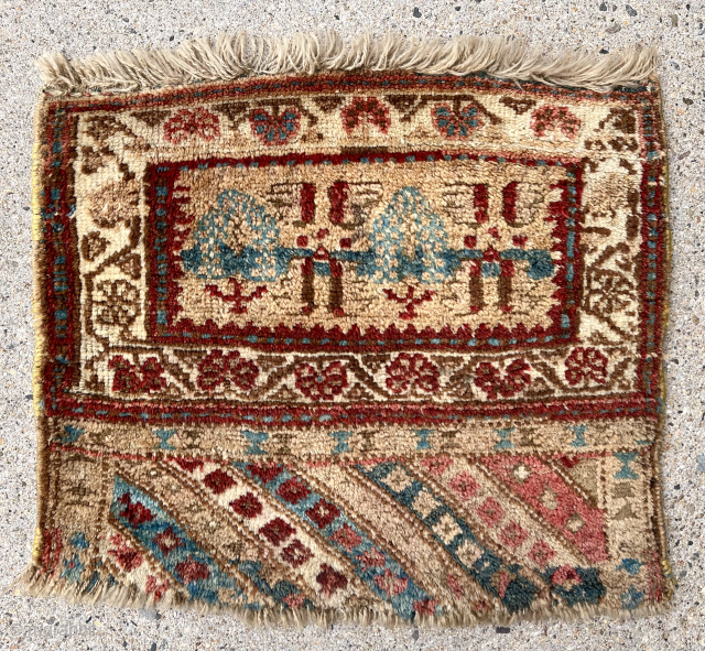Unusual and mysterious little Bagface. Scenic field with trees and forms I can only guess at. Full thick pile. Substantial use of early fuchsine purple dye. 19th c. 31” x  23”  ...