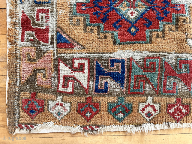 Early Turkish rug fragment. Lovely colors. Backed. Clean. Really ca. 1800.  38” x 48”                  