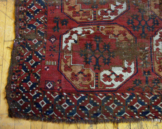 Antique Ersari carpet with strong colors and a very attractive border. Selling "as found", in rough condition, with areas of heavy wear and damage and not clean. All good natural colors including  ...